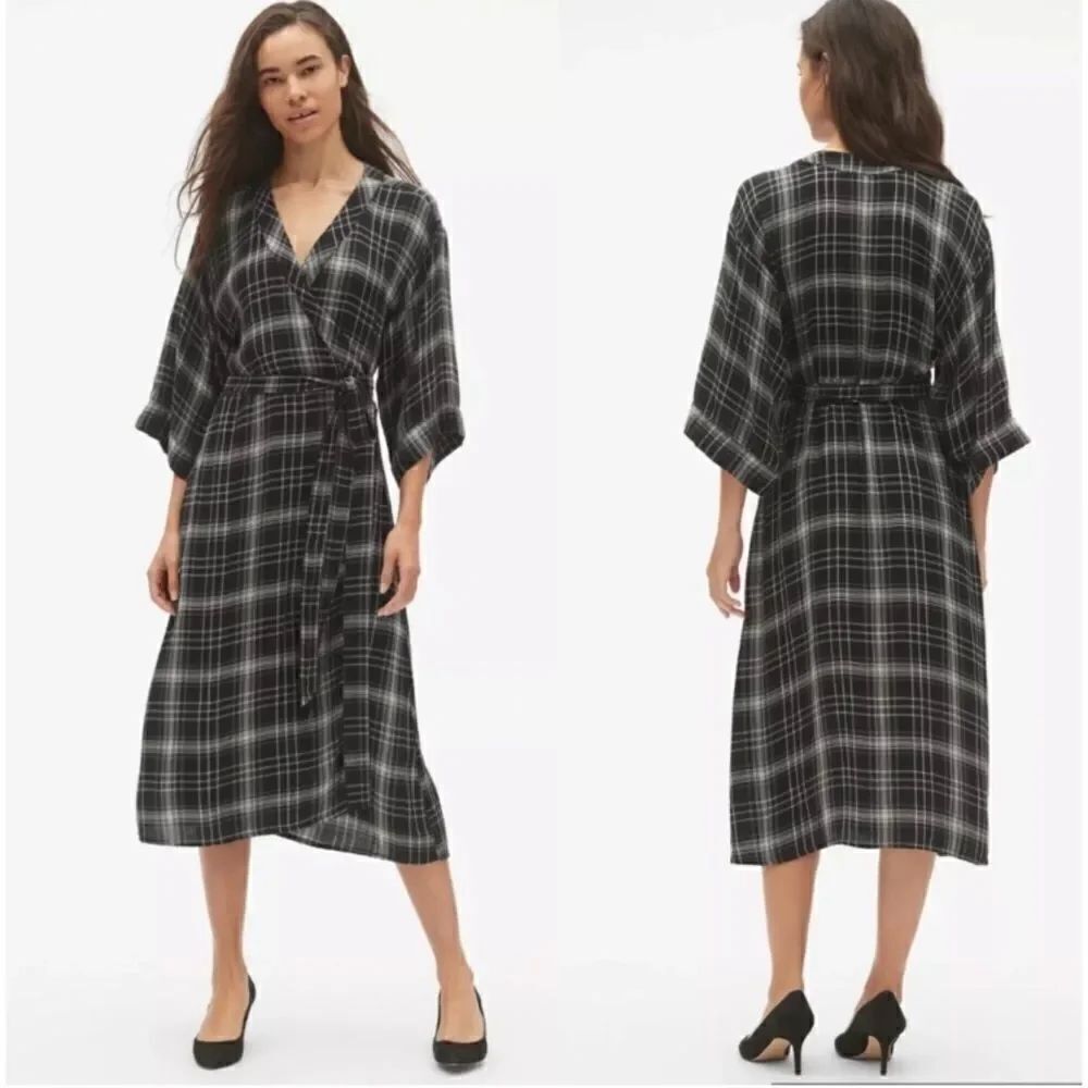 Gap Women’s Black Plaid 3/4 Sleeves Tie-Waist MIDI Wrap Dress Size Small